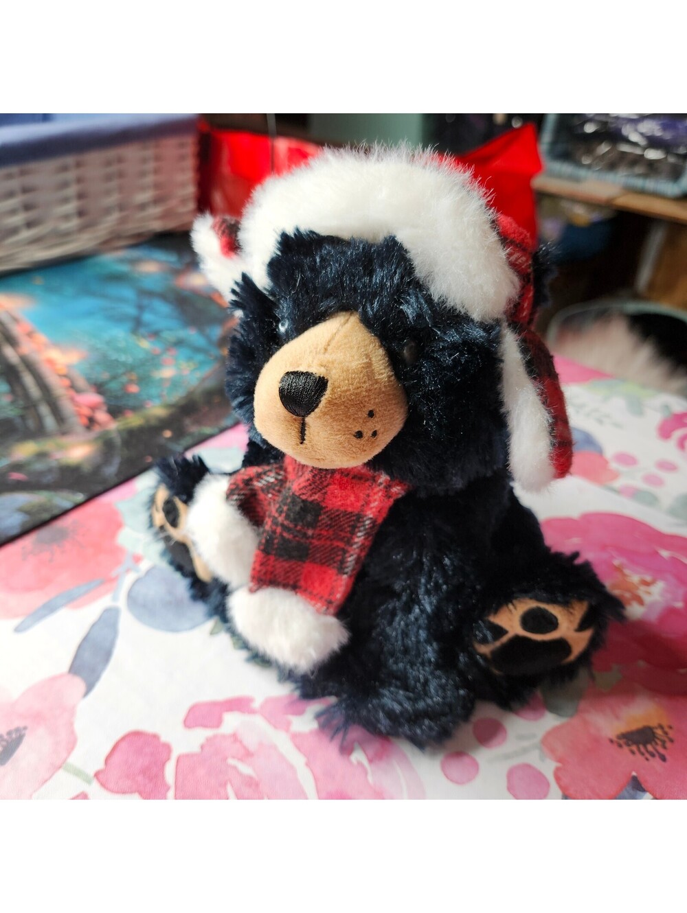 Ganz Black Bear Plush Buffalo Plaid Trapper Hat 7" Christmas Winter